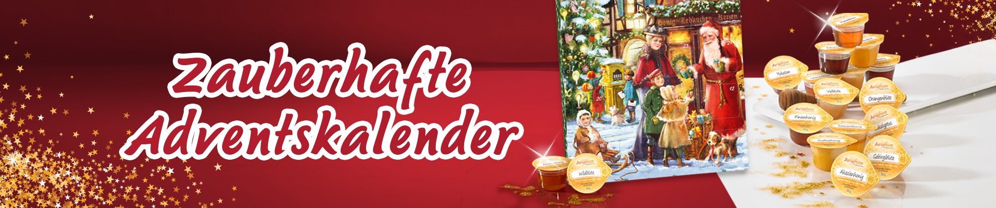 Zauberhafte Adventskalender mit süßen Überraschungen aus feinem Honig Adventskalender mit Honigportionen und weihnachtlichem Motiv