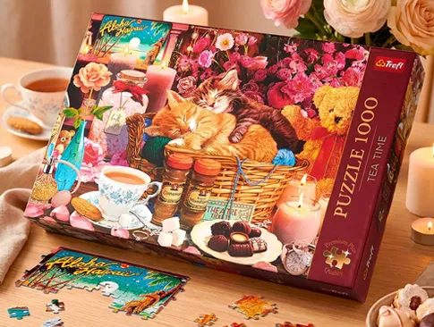 Herbstliches 1000-Teile-Puzzle mit Katzen und gemütlichem Teemotiv