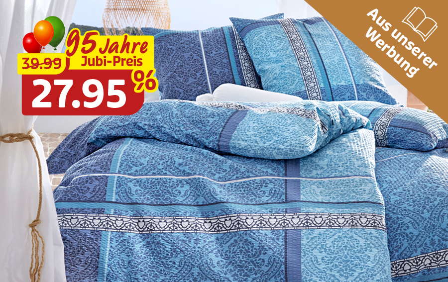 Blaue Bettwäsche zum Jubiläumspreis aus der Werbung