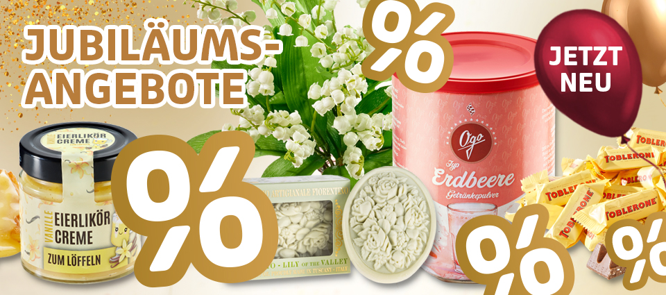 Jubiläumsangebote mit Erdbeergetränkepulver, Eierlikörcreme und Süßwaren