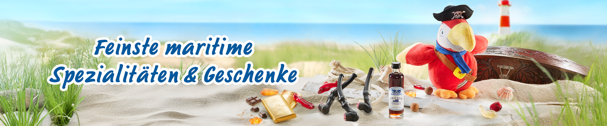 Entdecken Sie feine maritime Spezialitäten & Geschenke mit Küstenflair Maritime Spezialitäten mit Piraten-Papagei, Leuchtturm und Geschenkideen