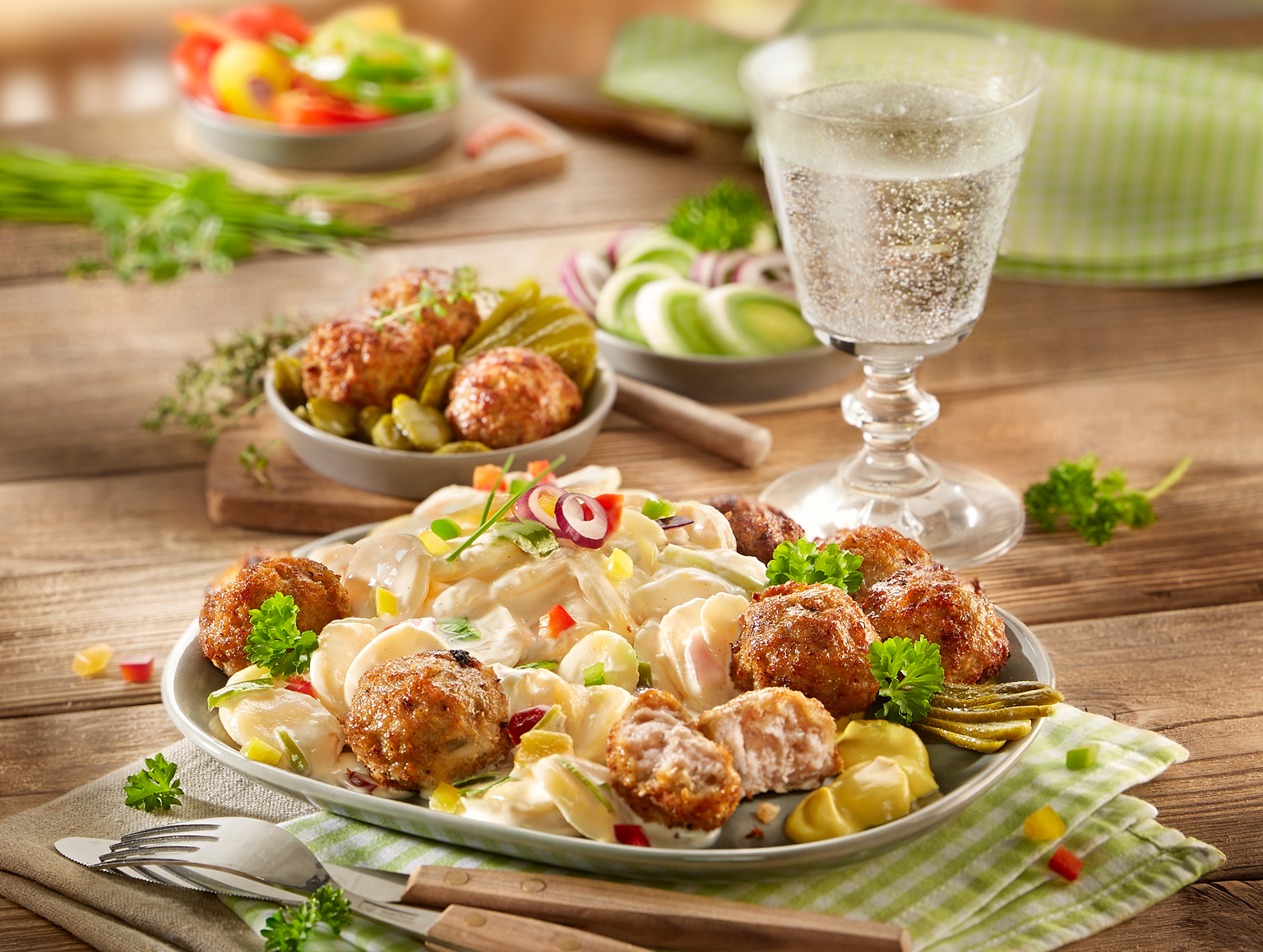 Klopse mit cremigem Kartoffelsalat, Gurken und Petersilie auf gedecktem Tisch