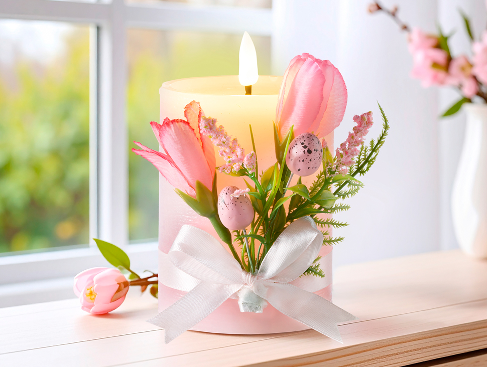 Dekokerze mit rosa Blumen, Schleife und Frühlingsdeko auf Holzfläche