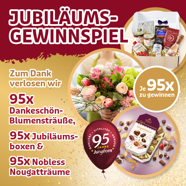 Jubiläumsgewinnspiel mit Blumen, Pralinen und Geschenkboxen