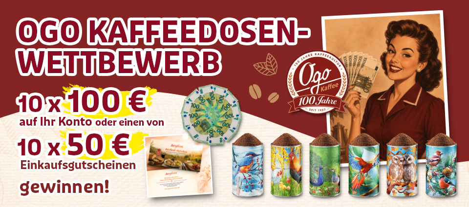 Ogo Kaffeedosen-Wettbewerb mit sechs Motivdosen und Geldpreisen