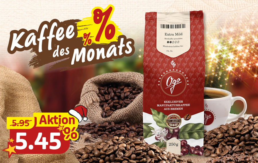 Ogo Manufakturkaffee mit Kaffeebohnen und Tasse – Kaffee des Monats