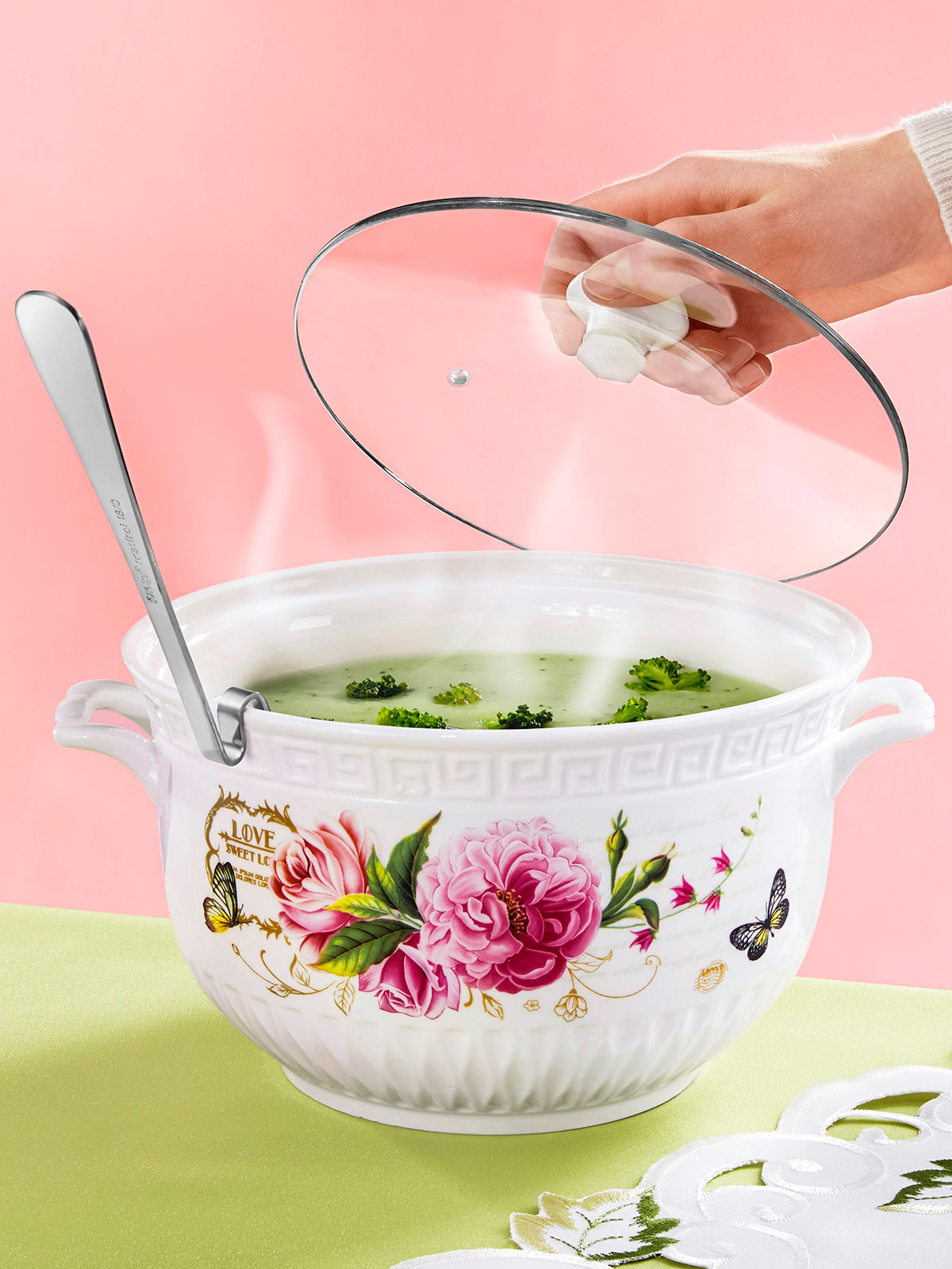 Porzellan-Suppentopf „Rose“ mit Glasdeckel