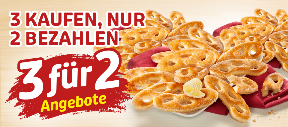 3-für-2-Angebot mit süßem Buttergebäck auf roter Serviette