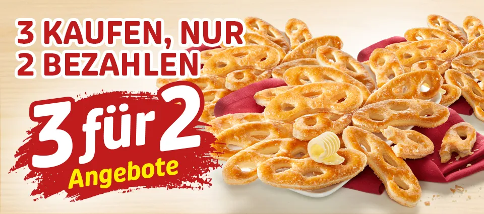 3-für-2-Angebot mit süßem Buttergebäck auf roter Serviette