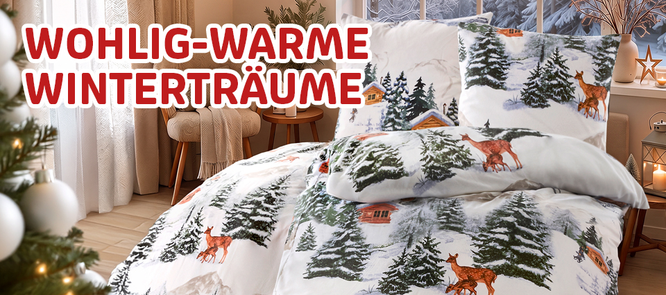 Winterliche Bettwäsche mit Rehen, Tannen und verschneiten Berghütten