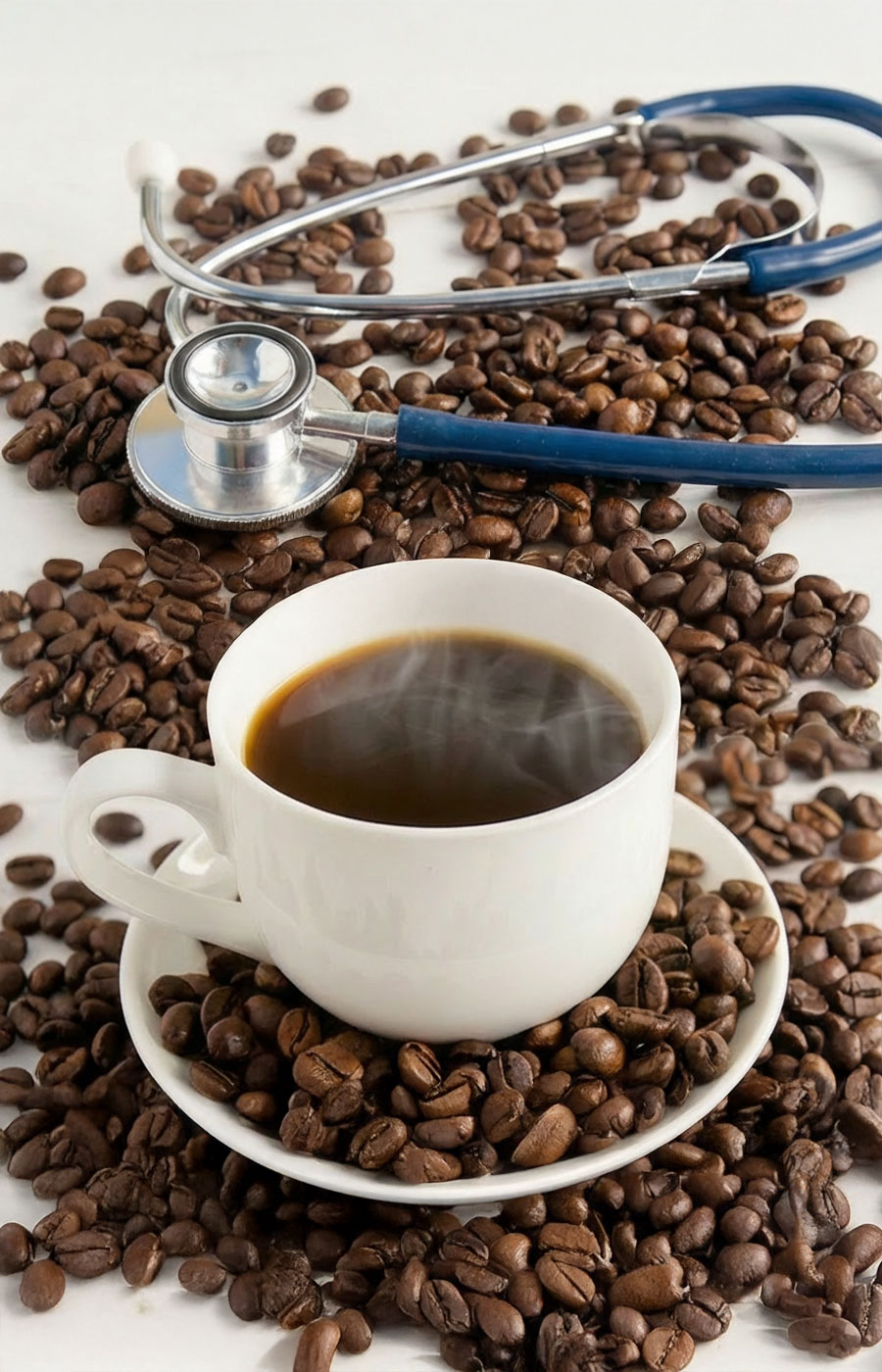 Kaffeetasse mit Bohnen und Stethoskop als Gesundheitsmotiv