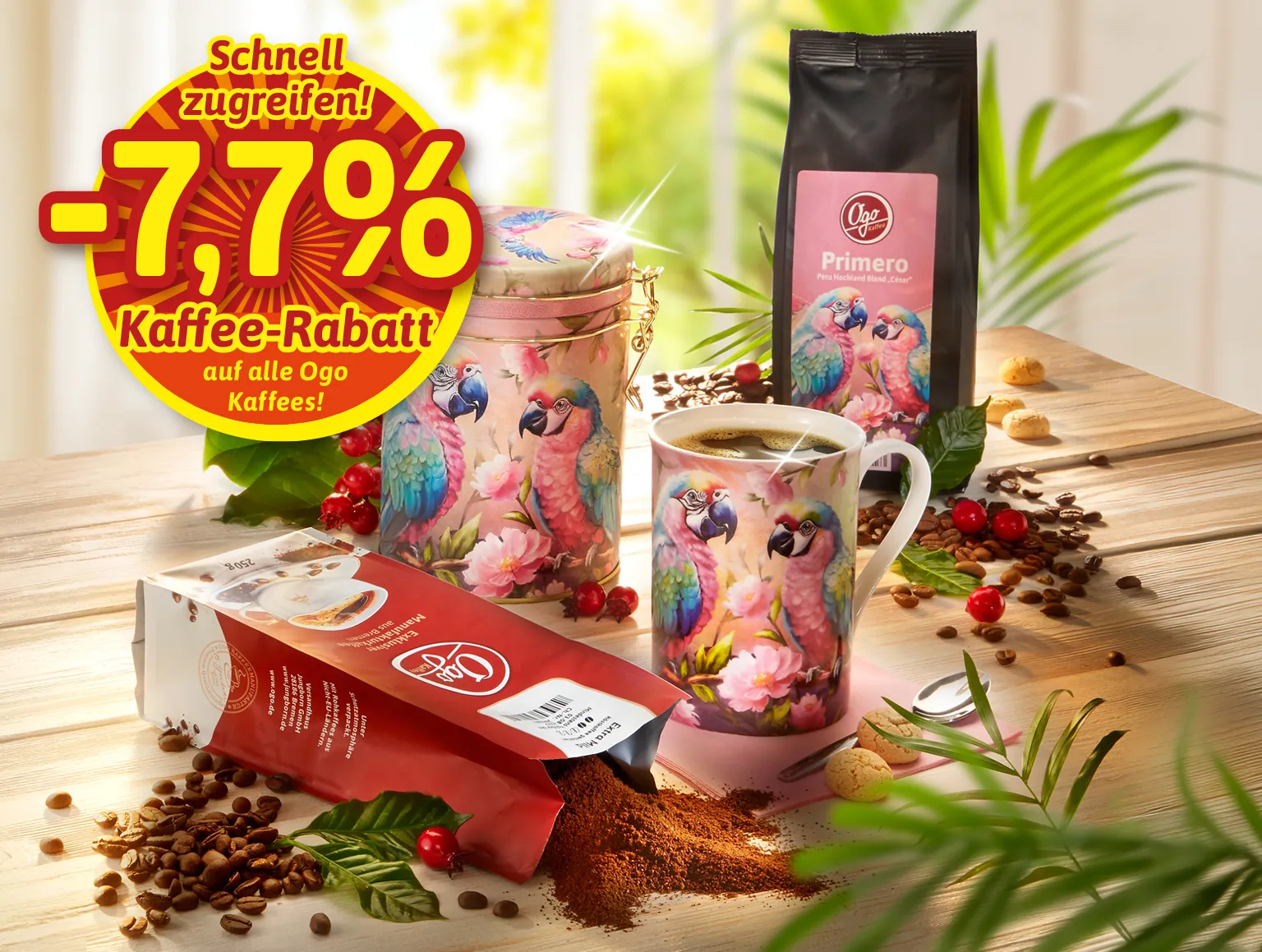 Ogo Kaffee mit Papageien-Design und 7,7 % Rabatt