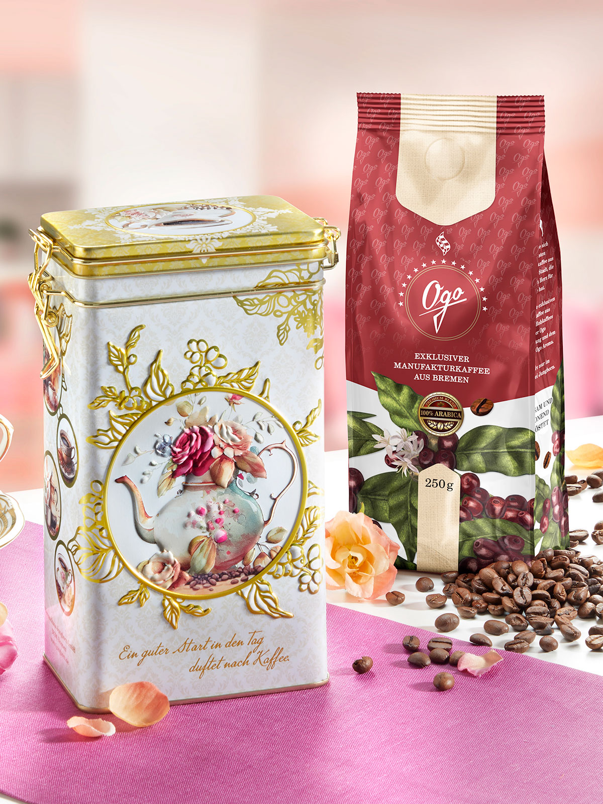 Reliefdose „Rosenkännchen“ mit Festkaffee, Bohne Reliefdose „Rosenkännchen“ mit Festkaffee, Bohne