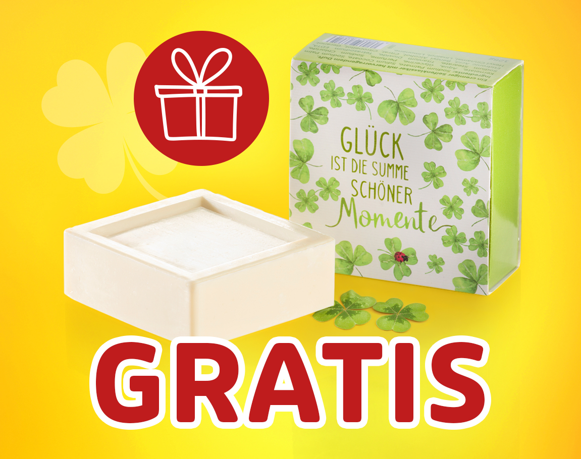 Gratis-Seife mit Kleeblattmotiv und Spruch „Glück ist die Summe schöner Momente“