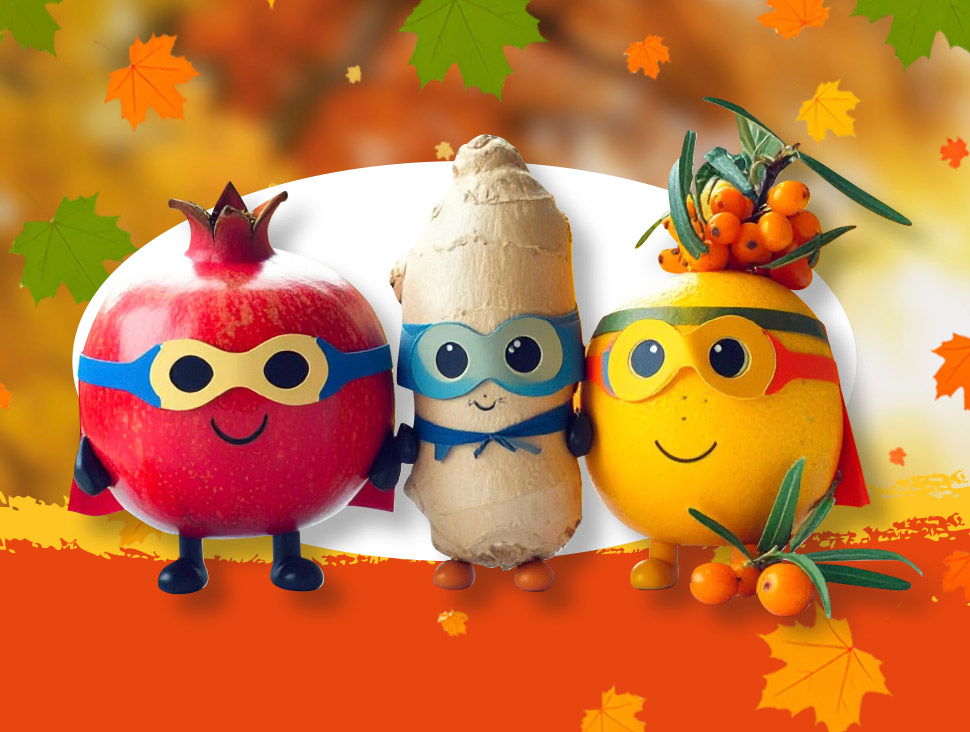 Herbsthelden Ingwer, Granatapfel und Sanddorn mit Masken