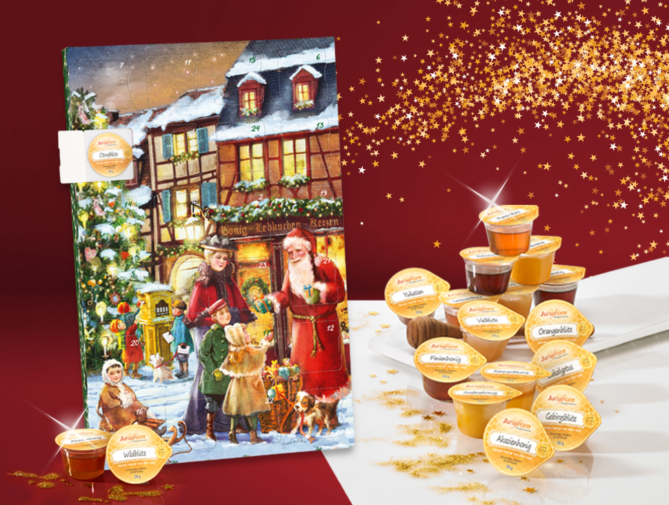 Adventskalender mit Honigvielfalt – 24 süße Überraschungen zum Genießen Adventskalender mit Honigportionen und Weihnachtsmotiv