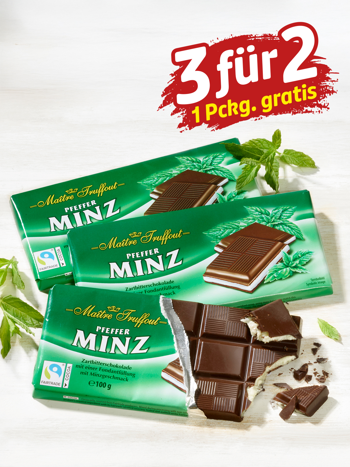 „3 für 2“ Zartbitter-Minz-Schokolade