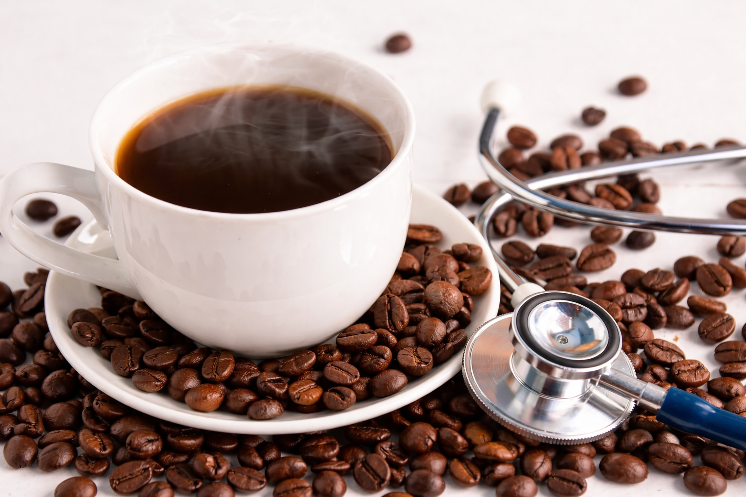 Tasse Kaffee mit Bohnen und Stethoskop