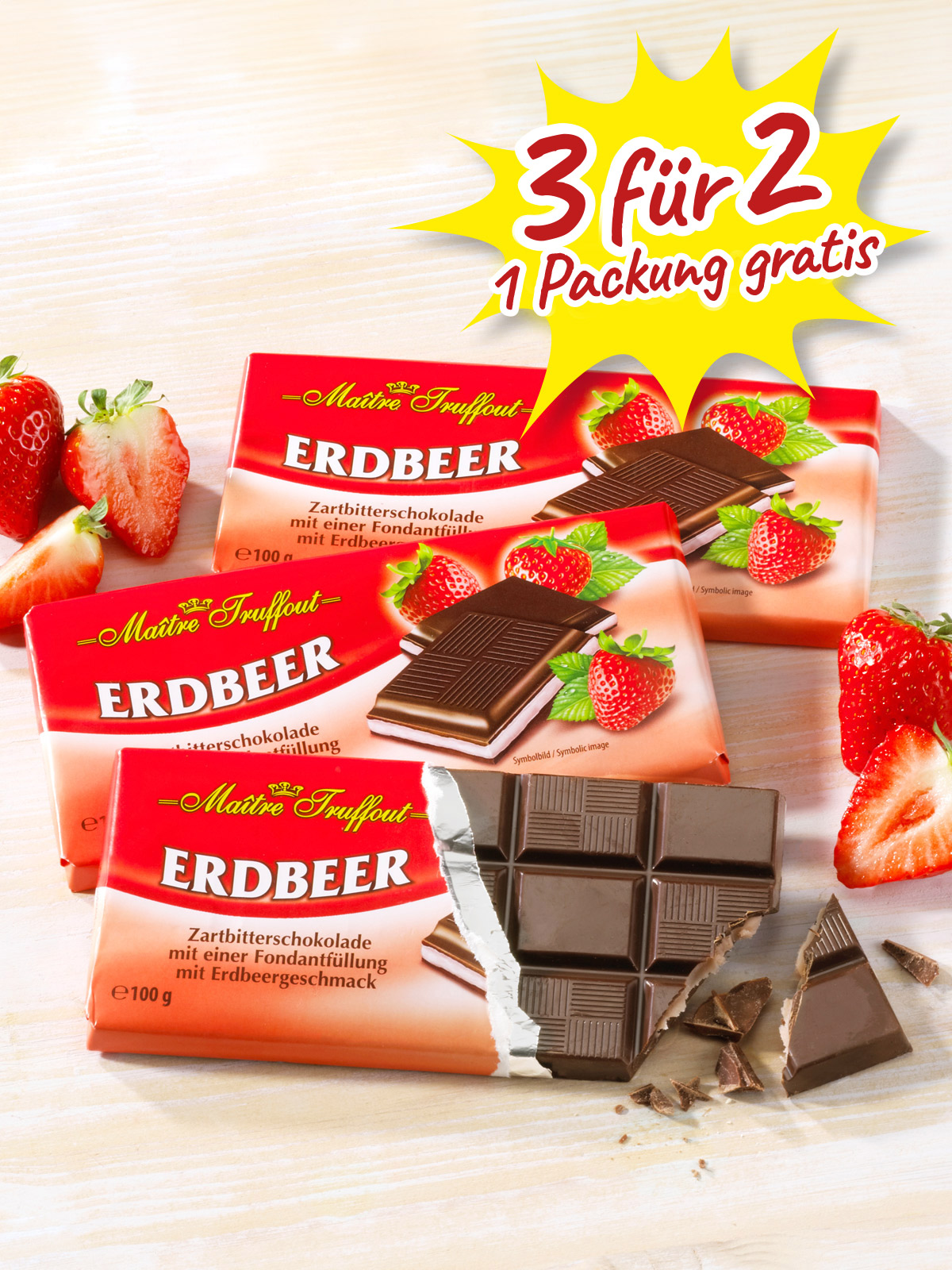 Zartbitter-Erdbeer-Schokolade „3 für 2“
