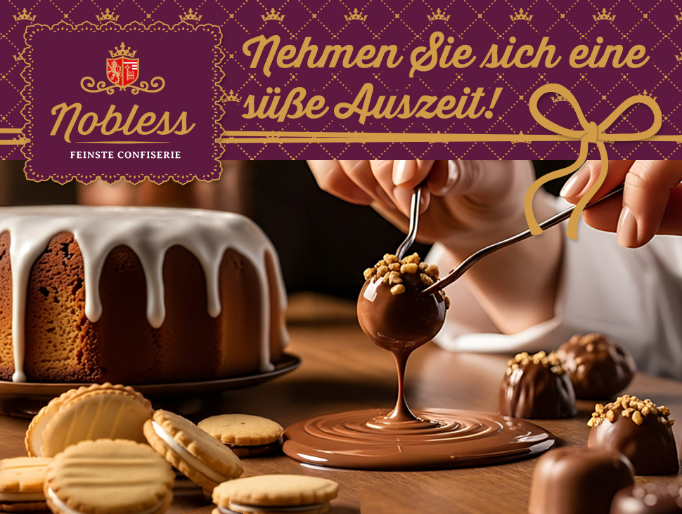 Pralinen werden in Schokolade getaucht neben Kuchen und Keksen