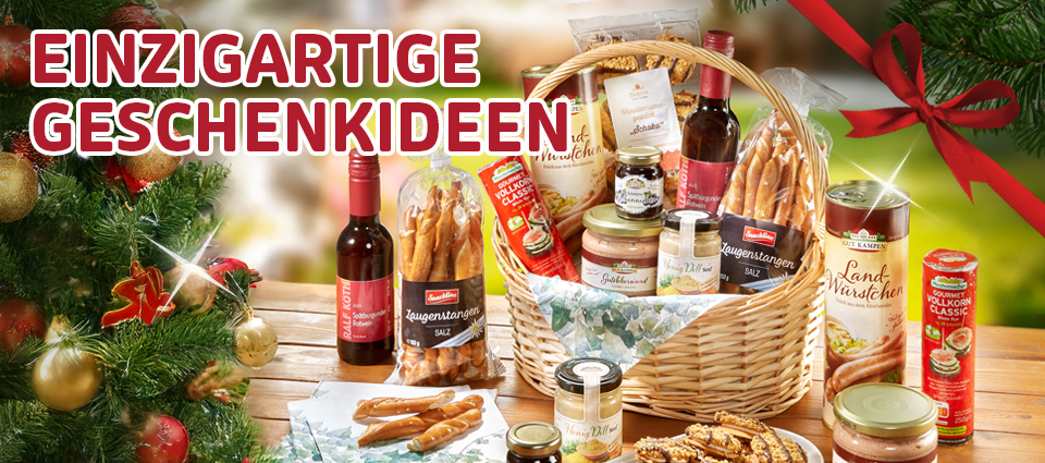 Geschenkkorb mit leckeren Spezialitäten und Wein