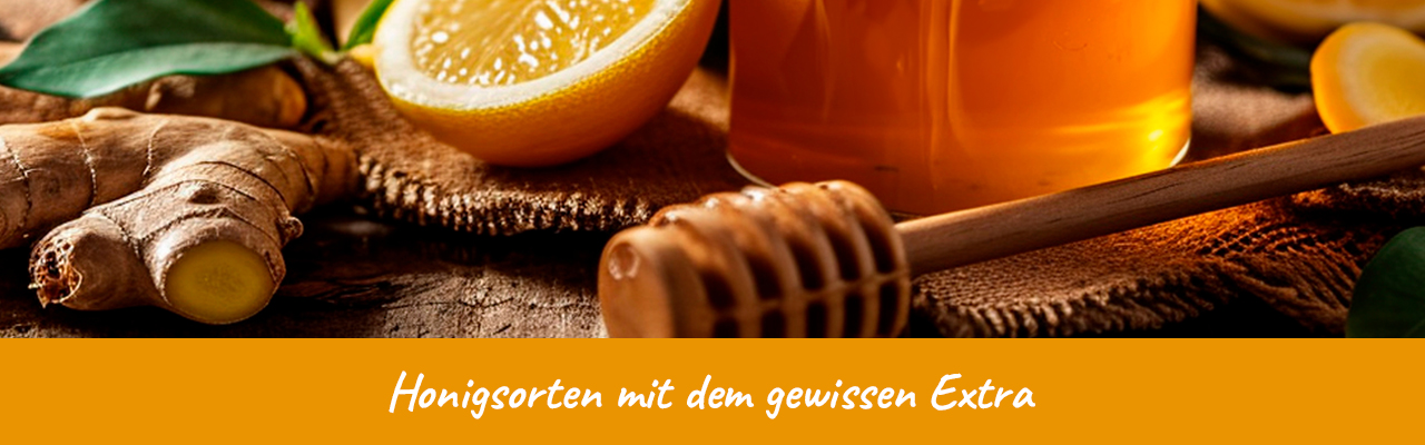 Honigsorten mit dem gewissen Extra – Natürlich genießen! Honigglas mit Honiglöffel, Ingwer und Zitrone auf rustikalem Untergrund.