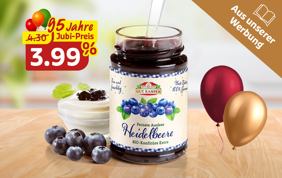 Heidelbeer-Konfitüre im Glas mit frischen Beeren und Preisaktion