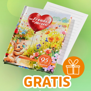 „Buntes Notizbuch mit Blumenmotiv und Herzschriftzug ›Mit Freude im Herzen‹, gratis.“