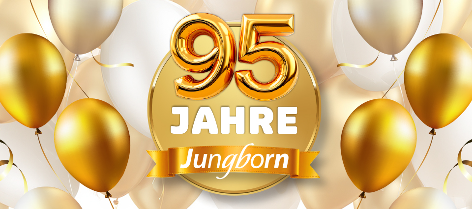 Goldenes Jubiläumsmotiv mit Ballons und Text ›95 Jahre Jungborn‹