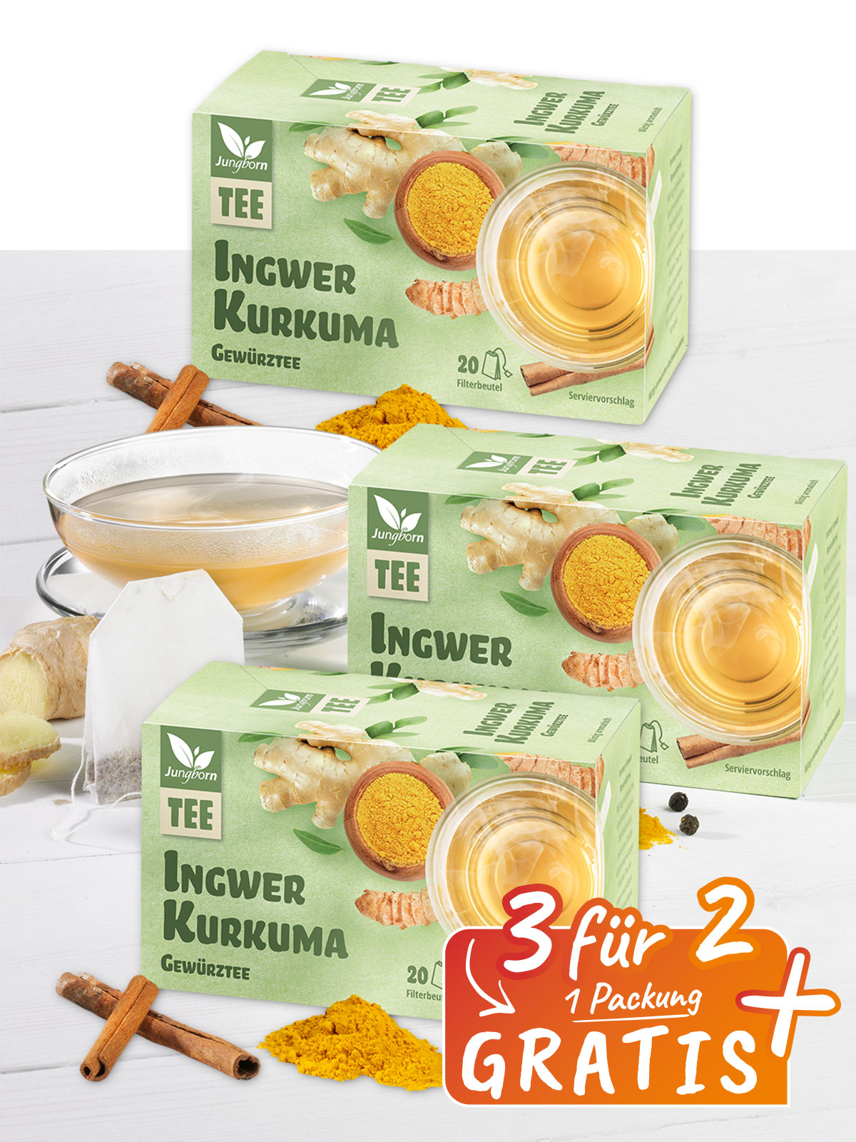 „3 für 2“ Ingwer-Kurkuma-Gewürztee