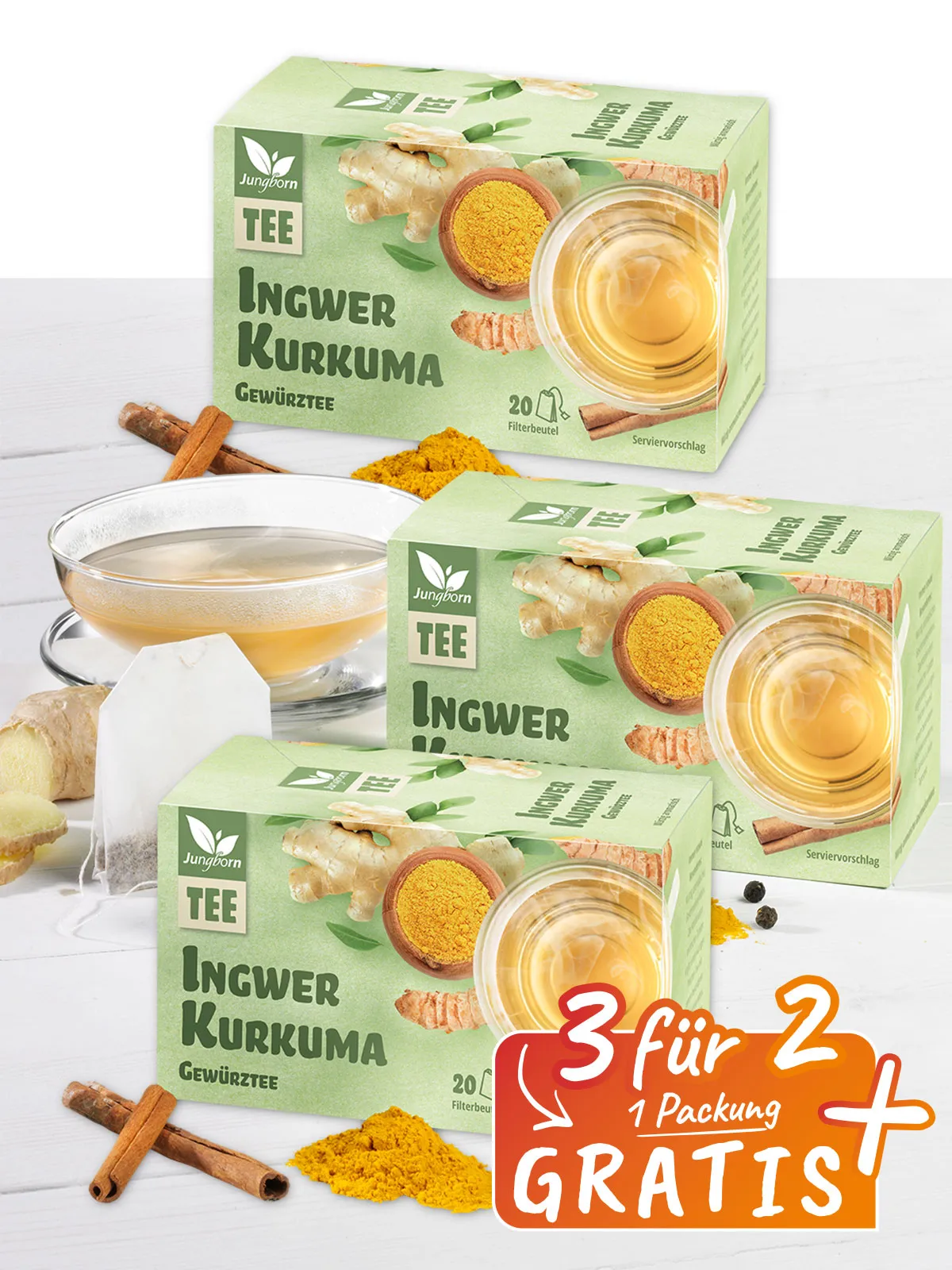 „3 für 2“ Ingwer-Kurkuma-Gewürztee