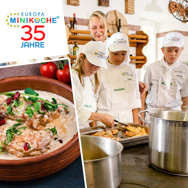 Kinder kochen gemeinsam in Küche, daneben Gericht und Logo ›Miniköche‹.