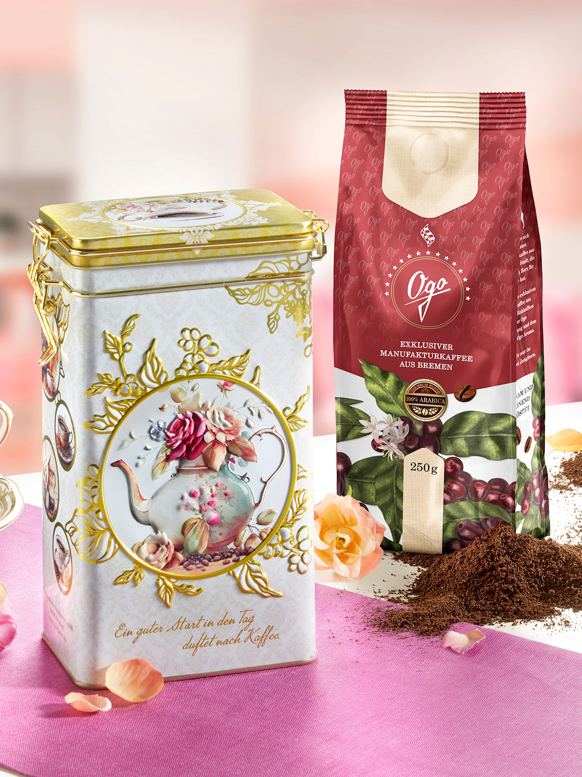 Reliefdose „Rosenkännchen“ mit Festkaffee, gemahlen Reliefdose „Rosenkännchen“ mit Festkaffee, gemahlen