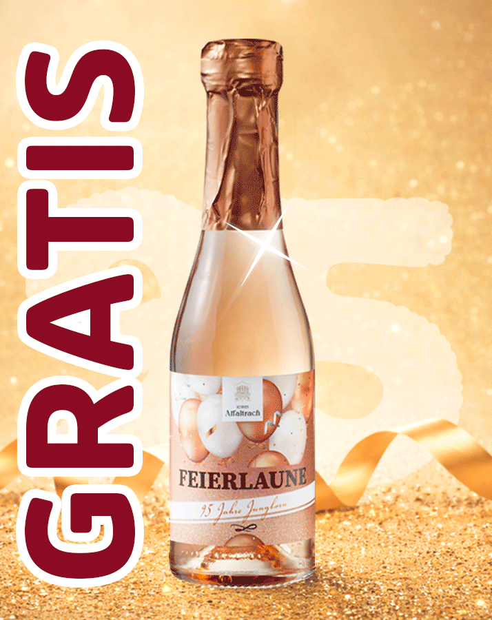 Sektflasche vor goldenem Hintergrund mit „Gratis 95“ Schrift