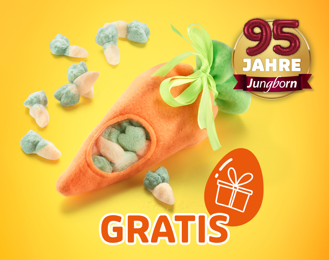 Gratis Karotten-Gummibonbons im Osterdesign mit Schleife