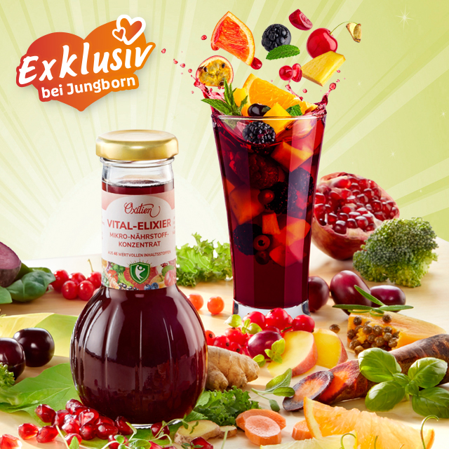 Vital-Elixier mit Früchten und rotem Getränk im Glas