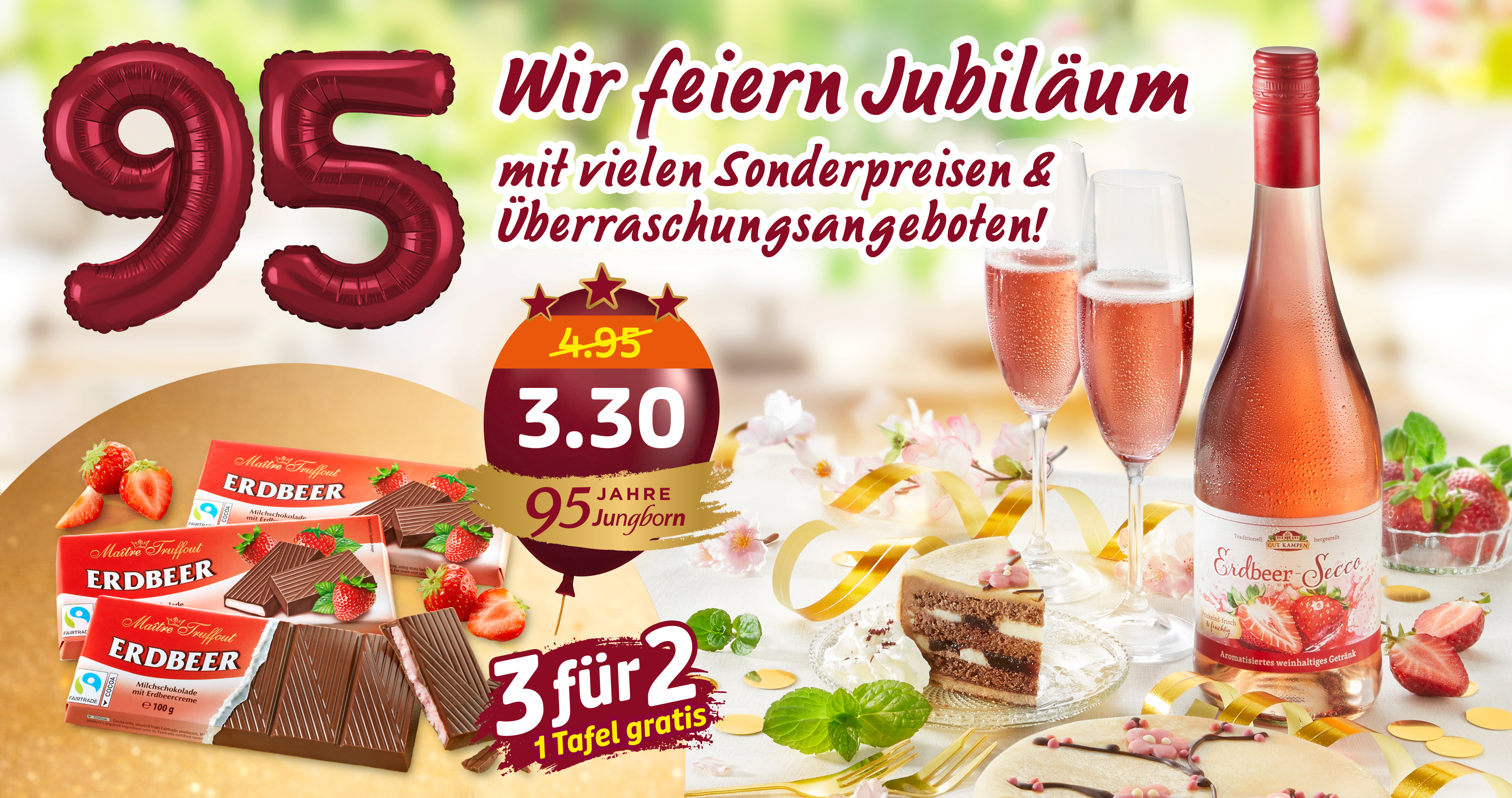 Erdbeer-Secco, Schokolade und Torte zum 95 Jahre Jubiläum