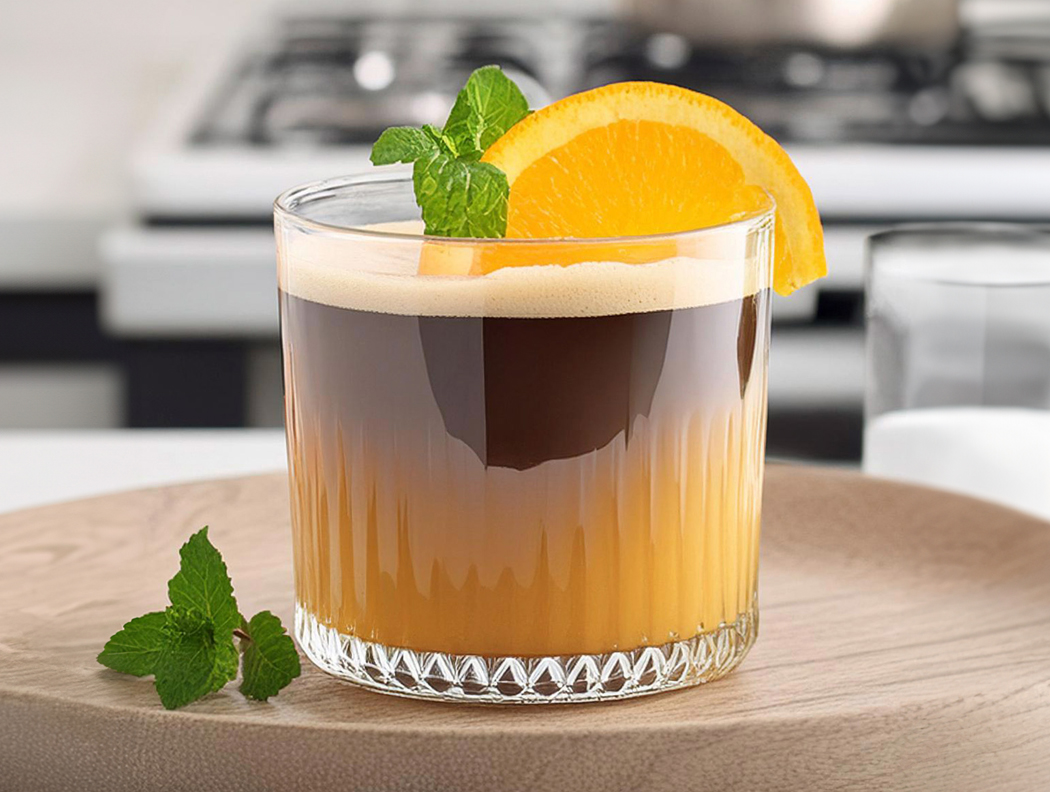 Kaffee-Limonade im Glas mit Orangenscheibe und frischer Minze dekoriert