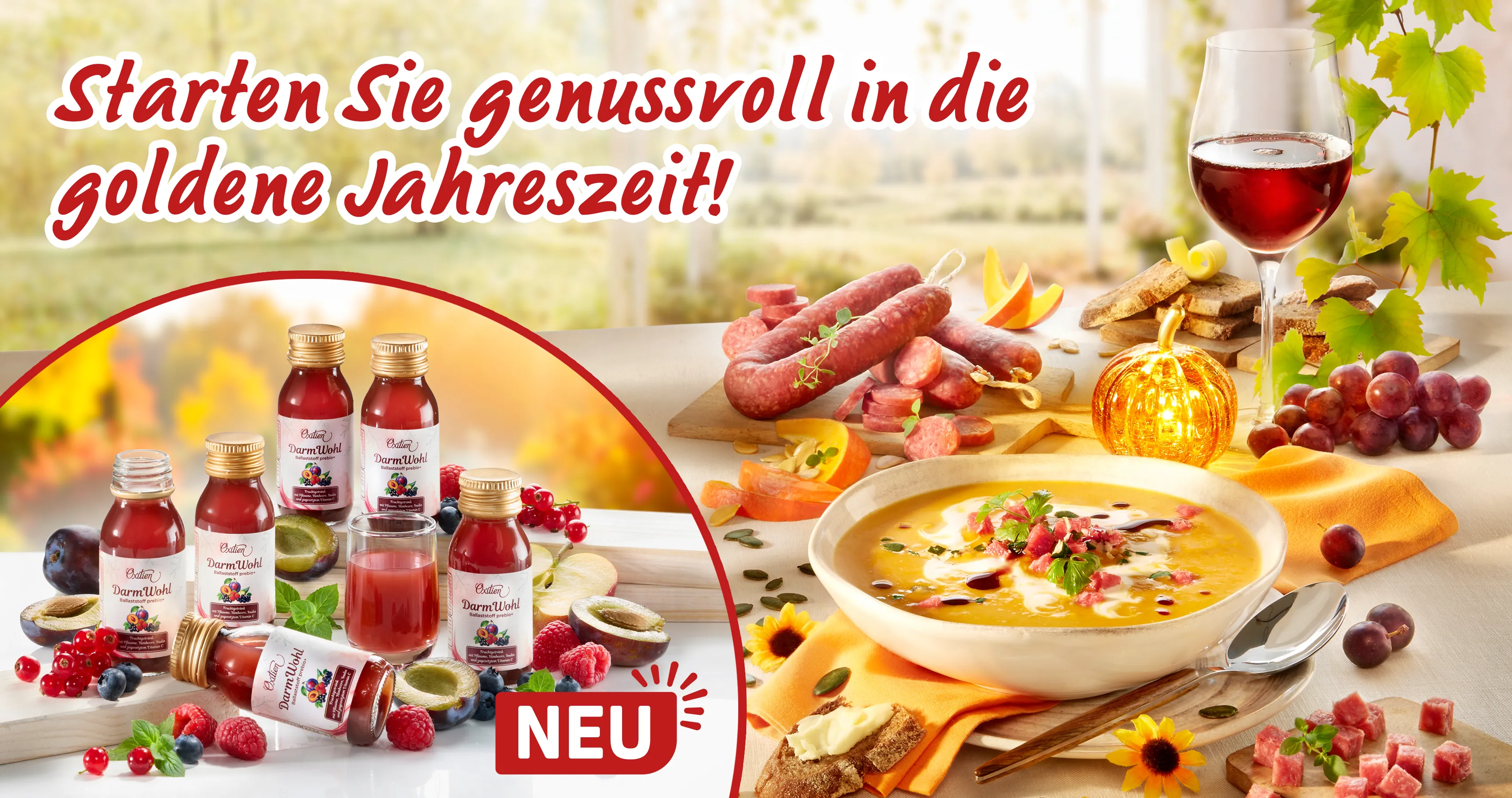 Herbstgenuss mit Suppe, Wurst, Rotwein und DarmWohl Fruchtsäften
