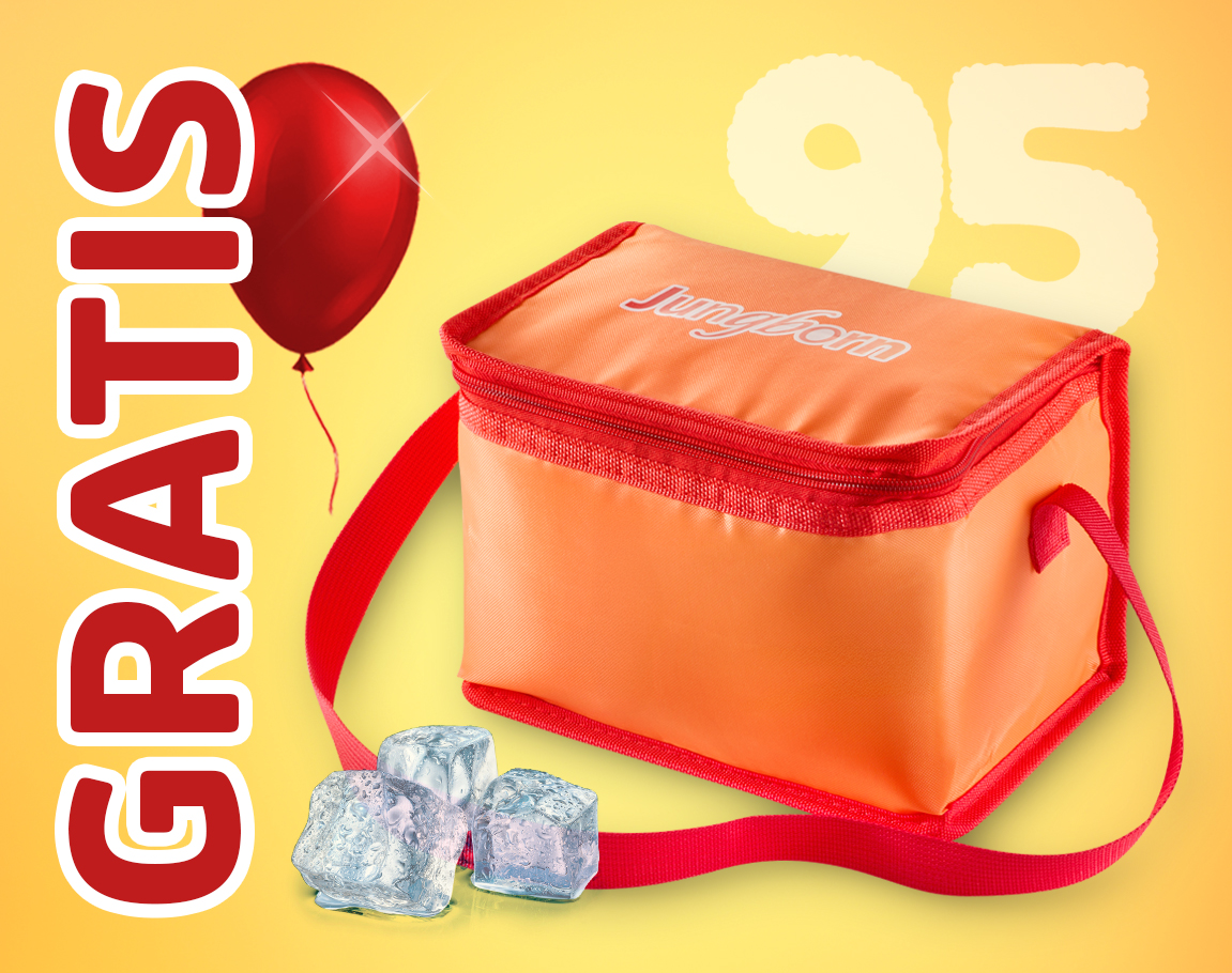 Orange Kühltasche als Gratisgeschenk mit Ballon und Eiswürfeln