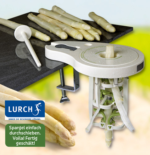 Spargelschäler von Lurch mit frischem weißen Spargel auf einer Arbeitsplatte