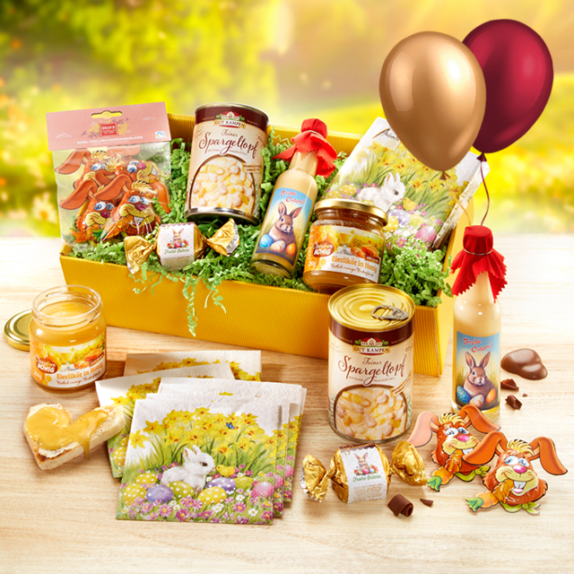 Oster-Geschenkbox mit Süßigkeiten und Frühlingsmotiven