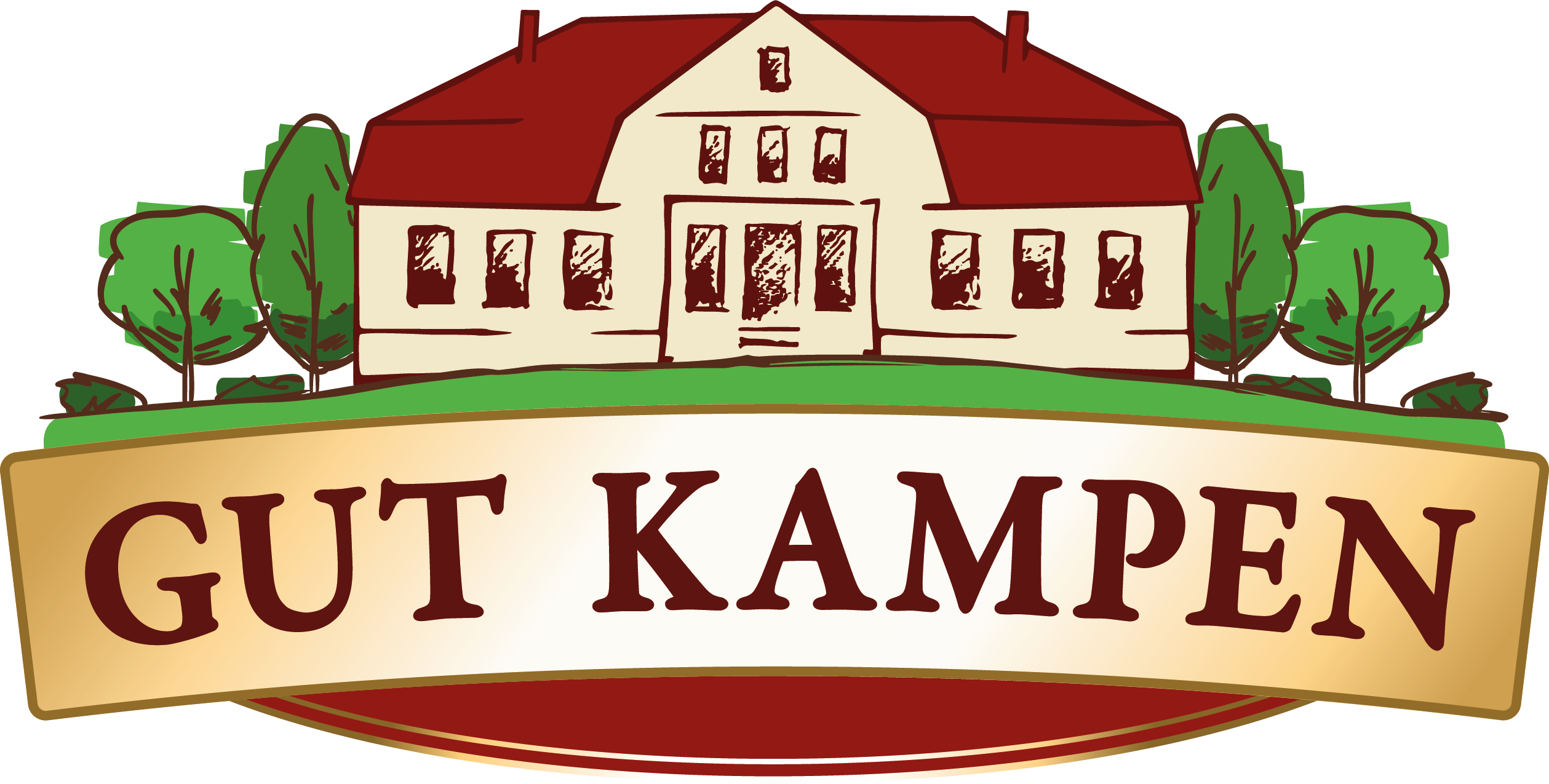 Markenlogo von Gut Kampen mit stilisiertem Gutshaus und Schriftzug auf Banner