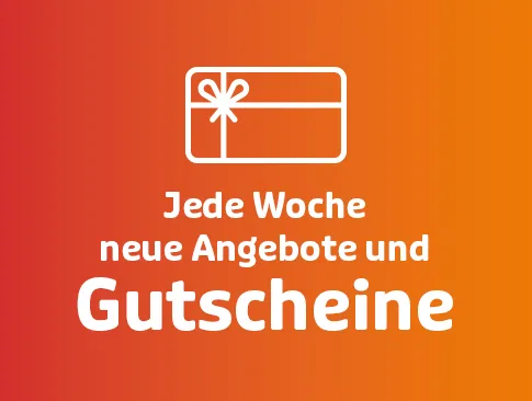 Icon eines Gutscheins mit Text: „Jede Woche neue Angebote und Gutscheine“