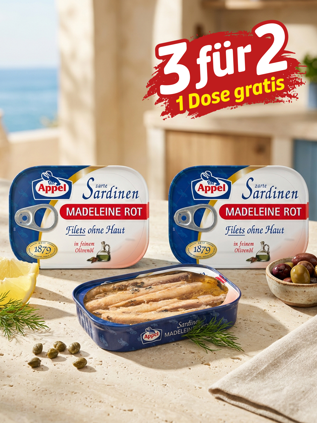 „3 für 2“ Sardinen in Olivenöl „Madeleine Rot“