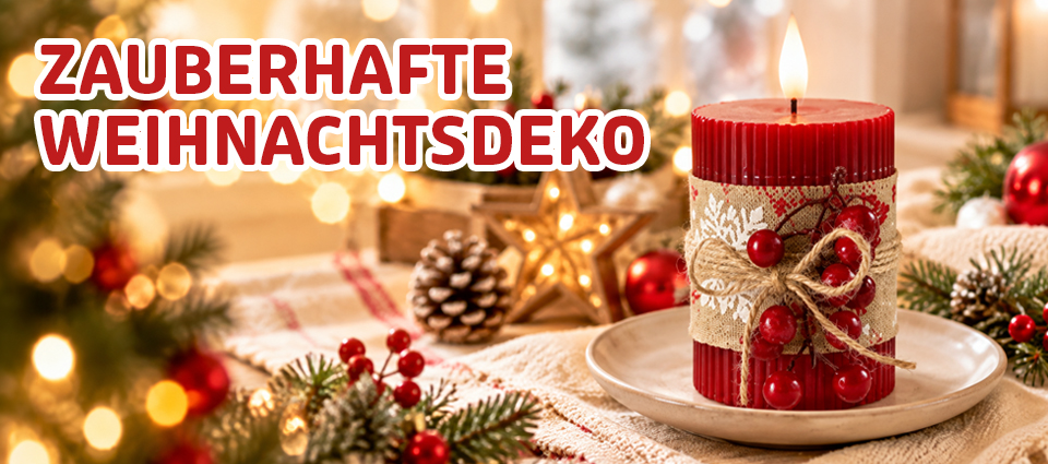 pg	Rote Weihnachtskerze mit Beeren, Schleife, Tannenzapfen und Lichterglanz