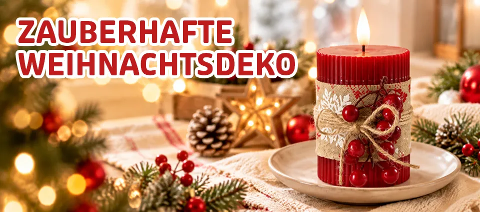 pg	Rote Weihnachtskerze mit Beeren, Schleife, Tannenzapfen und Lichterglanz