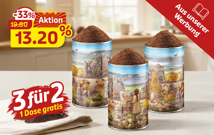 Drei Kaffeedosen mit Malermotiv im 3-für-2-Angebot für 13,20 Euro