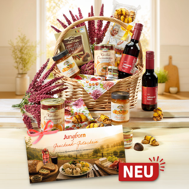 Jungborn Geschenkideen mit Geschenkgutschein und gefülltem Präsentkorb