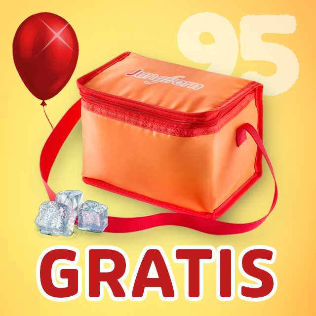 Orange Kühltasche als Gratisgeschenk mit Ballon und Eiswürfeln